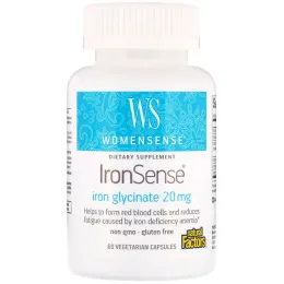 Natural Factors, WomenSense, IronSense, глицинат железа, 20 мг, 60 вегетарианских капсул