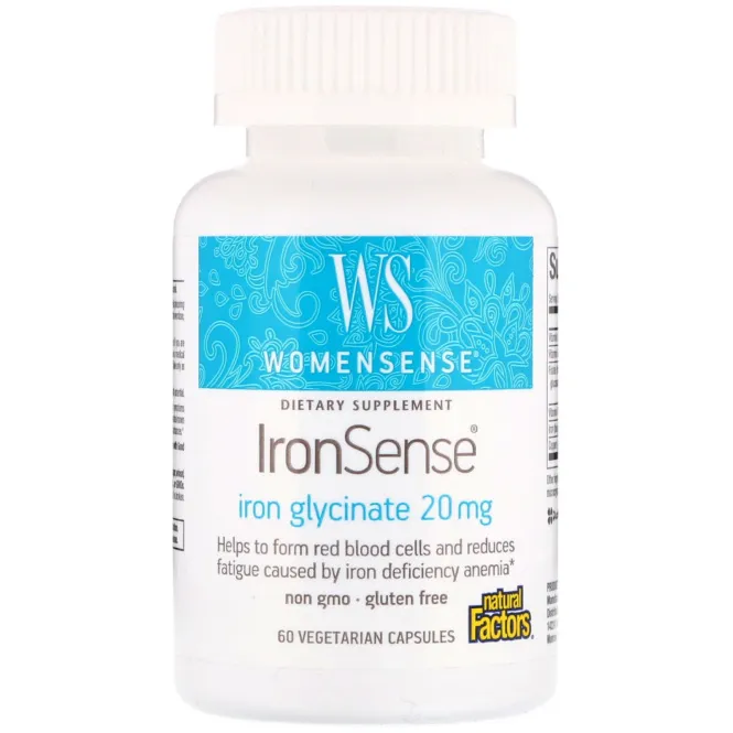 Natural Factors, WomenSense, IronSense, глицинат железа, 20 мг, 60 вегетарианских капсул