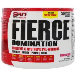 SAN Nutrition, Fierce Доминирование, Эргогенная и миотропная предтренировочная формула, яростный фруктовый пунш, 8,8 унц. (248,8 г)