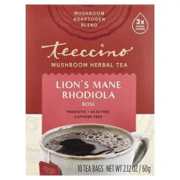 Teeccino, Травяной чай с грибами, львиная грива и родиола, роза, без кофеина, 10 чайных пакетиков, 60 г (2,12 унции)