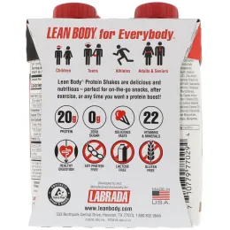 Labrada Nutrition, Lean Body, готовый к употреблению протеиновый коктейль, шоколадный вкус, 4 коктейля, 8,45 ж. унц. (250 мл) каждый