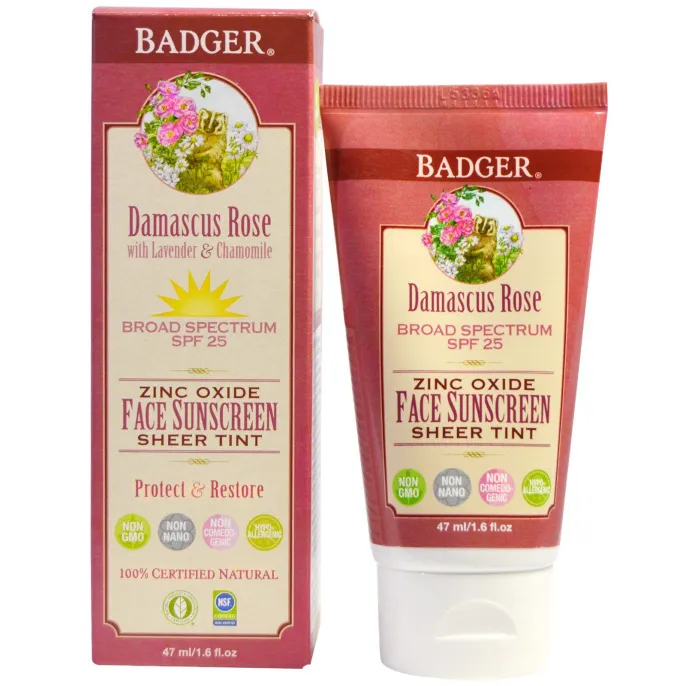 Badger Company, Солнцезащитный крем для лица с оксидом цинка, 25-й солнцезащитный фактор, дамасская роза, 1,6 жидких унций (47 мл)