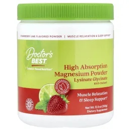 Doctor's Best, порошок магния с высокой степенью усвояемости, со вкусом клубники и лайма, 350 г (12,5 унции)