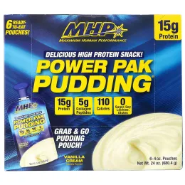 MHP, Протеиновый снек Power Pak Pudding, со вкусом ванильного крема, 6 паучей по 113,4 г (4 унции) каждый