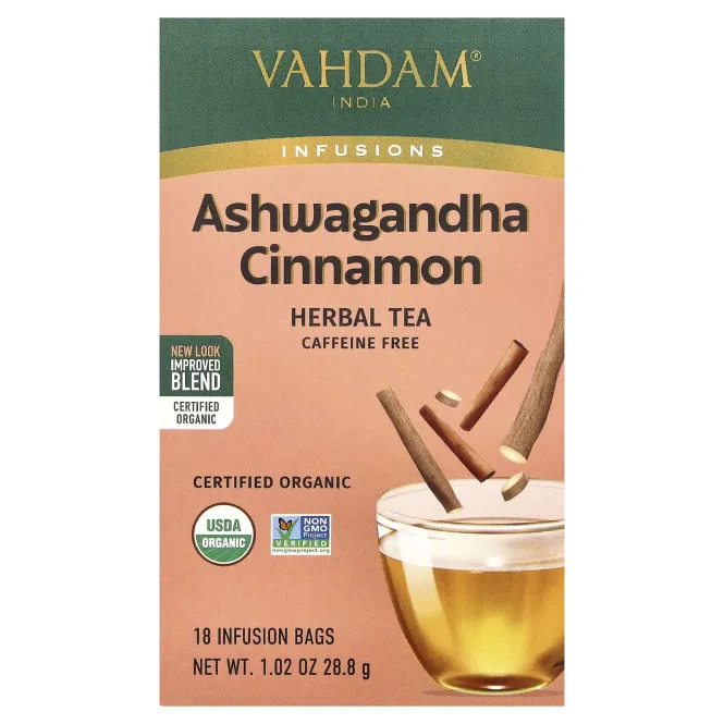 VAHDAM India, Infusions, травяной чай, ашваганда и корица, без кофеина, 18 пакетиков для заваривания, 28,8 г (1,02 унции)