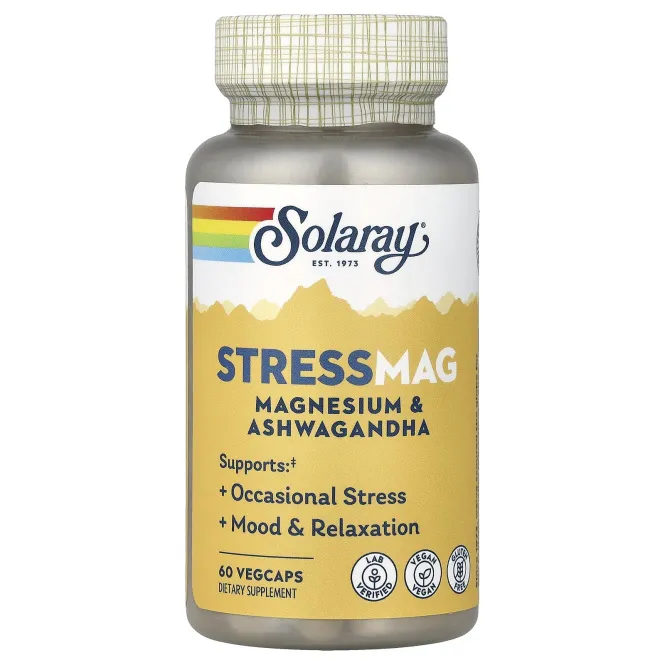Solaray, StressMag, магний и ашваганда, 60 растительных капсул