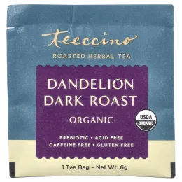 Teeccino, Органический обжаренный травяной чай, темная обжарка с одуванчиком, без кофеина, 10 чайных пакетиков, 60 г (2,12 унции)