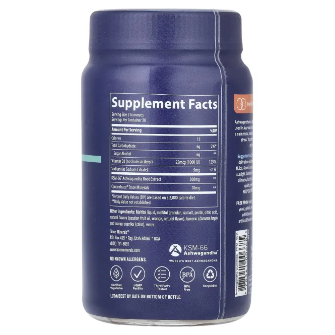 Trace Minerals ®, жевательные таблетки с ашвагандой, со вкусом маракуйи и апельсина, 60 жевательных таблеток
