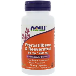 Now Foods, Pterostilbene & Resveratrol (птеростильбен и ресвератрол), 50 мг / 250 мг, 60 вегетарианских капсул