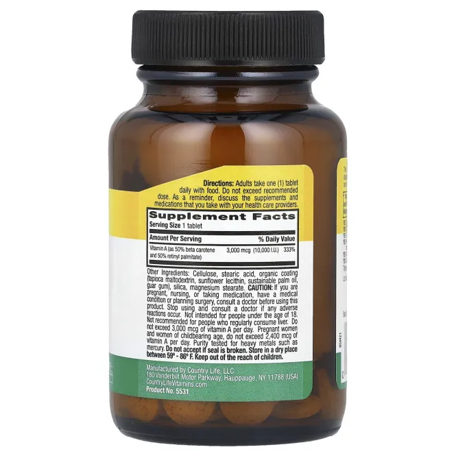 Country Life, Сухой витамин A, 3000 мкг, 100 таблеток