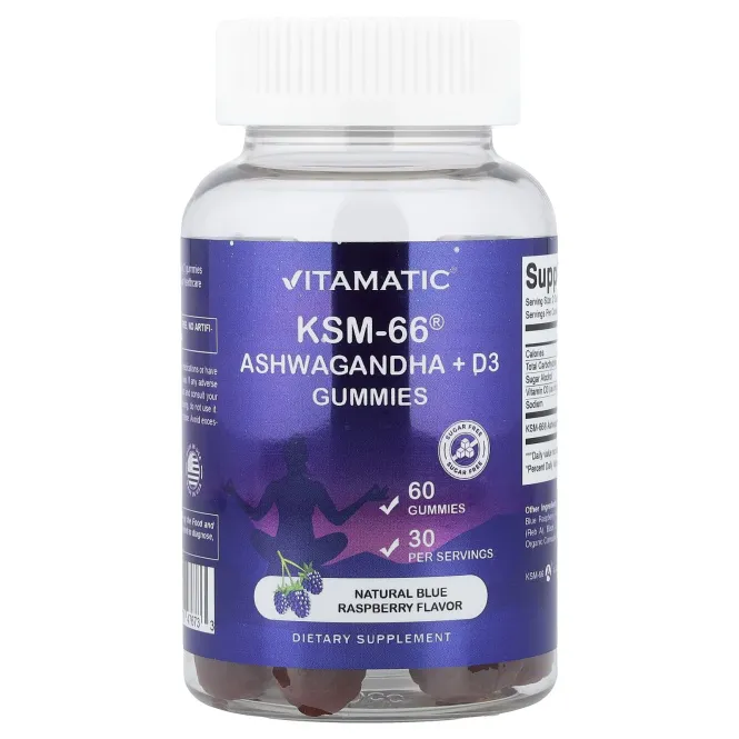 Vitamatic, KSM-66®, ашваганда и витамин D3, натуральный вкус голубой малины, 60 жевательных таблеток