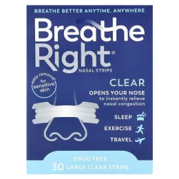 Breathe Right, Полоски для носа, большие, 30 прозрачных полосок
