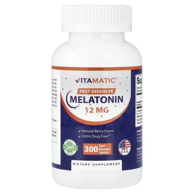Vitamatic, мелатонин, натуральные ягоды, 12 мг, 300 быстрорастворимых таблеток