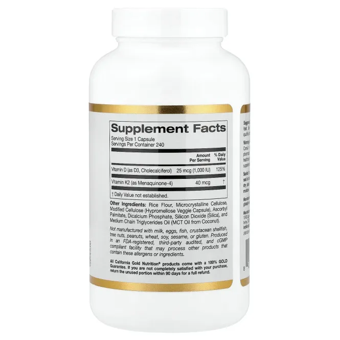 California Gold Nutrition, витамины D3 и К2, 240 растительных капсул
