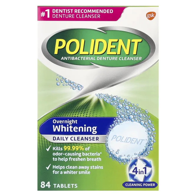 Polident, Антибактериальное средство для очищения зубных протезов, ежедневное отбеливающее средство, тройная мята, 84 таблетки