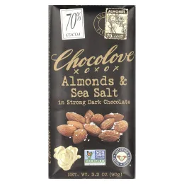Chocolove, черный шоколад с миндалем и морской солью, 70% какао, 90 г (3,2 унции)
