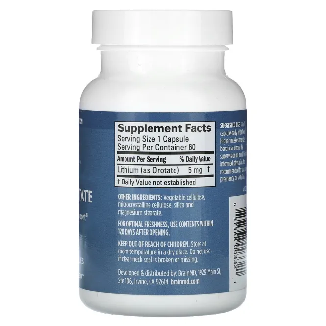 BrainMD, оротат лития, 60 растительных капсул