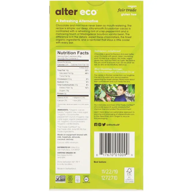 Alter Eco, Organic Chocolate Bar, Deep Dark Crisp Mint, 2.82 oz (80 g)