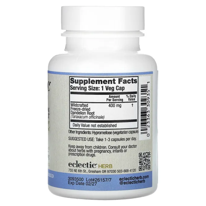 Eclectic Institute, Корень одуванчика, сырой, 400 мг, 90 вегетарианских капсул без ГМО