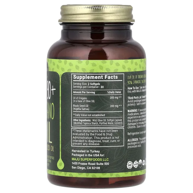 Maju Superfoods, CV 90+, масло орегано и масло черного тмина, 60 капсул