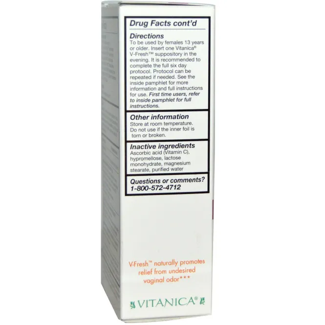 Vitanica, V-Fresh, вагинальная поддержка, 6 вагинальных суппозиториев