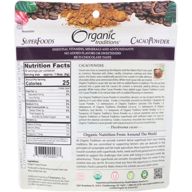 Organic Traditions, Какао-порошок, 8 унций (227 г)