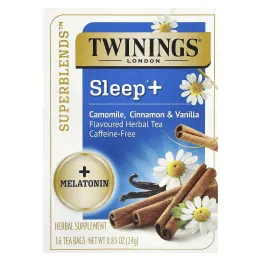 Twinings, Superblends, Melatonin, травяной чай с ромашкой, корицей и ванилью, без кофеина, 16 чайных пакетиков, 24 г (0,85 унции)