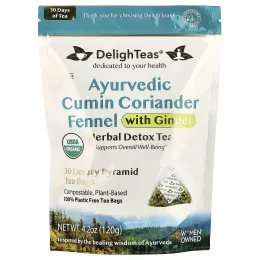 DelighTeas, Аюрведический кумин, кориандр и фенхель, травяной чай для выведения токсинов, без кофеина, 30 роскошных пакетиков-пирамидок, 120 г (4,2 унции)