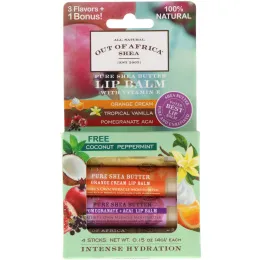 Out of Africa, Pure Shea Butter Lip Balm with Vitamin E, 3 Flavors + 1 Bonus, 4 Sticks, 0.15 oz (4.2 g) Each