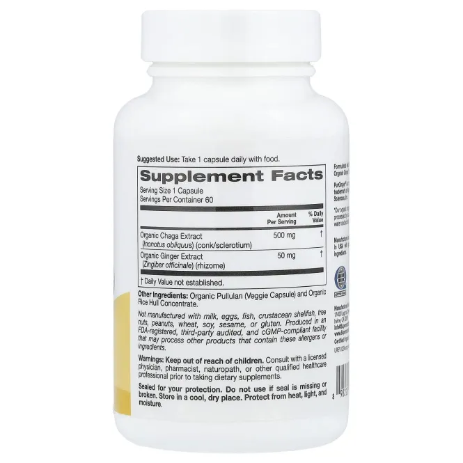 Super Nutrition, органический гриб чага с имбирём, 60 вегетарианских капсул