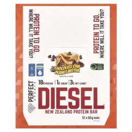 PERFECT Sports, Diesel, новозеландский протеиновый батончик, шоколадная крошка и арахисовая паста, 12 батончиков по 50 г