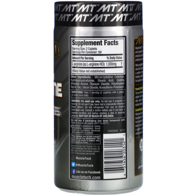 Muscletech, Platinum 100% L-Arginine, 1000 мг, 100 капсуловидных таблеток