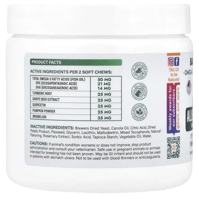 Bark&Spark, Allergy Relief Immune Chews, для облегчения зуда кожи, для собак, курица, 120 жевательных таблеток, 264 г (9,3 унции)