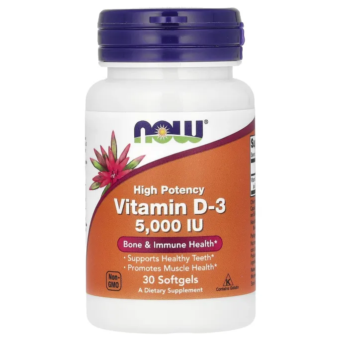 NOW Foods, витамин D3, высокоактивный, 5000 МЕ, 30 мягких таблеток