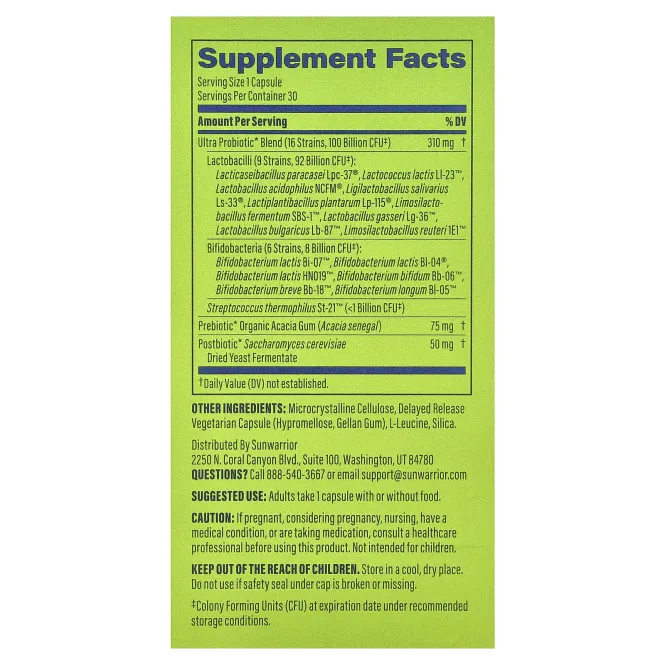 Sunwarrior, ультрапробиотик, 30 вегетарианских капсул
