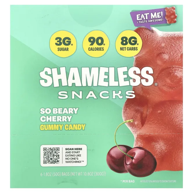 Shameless Snacks, жевательные конфеты, со вкусом вишни, 6 пакетиков по 50 г (1,8 унции)