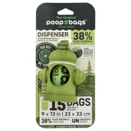 Original Poop Bags, дозатор, зеленый, без запаха, 1 дозатор, 15 пакетиков
