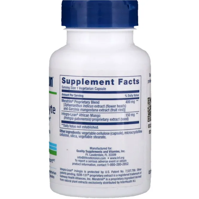 Life Extension, Фрпмула Advanced Anti-Adipocyte Formula with Meratrim and Integra-Lean African Mango Irvingia, 60 вегетарианских капсул