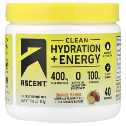 Ascent, Clean Hydration + Energy, Energy Drink Mix, Orange Mango, 7.90 oz (224 g)