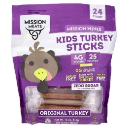 Mission Meats, миссии Мини (0,5 унции) для детей, стик с индейкой, оригинальный вкус, 24 стика по 0,5 унции