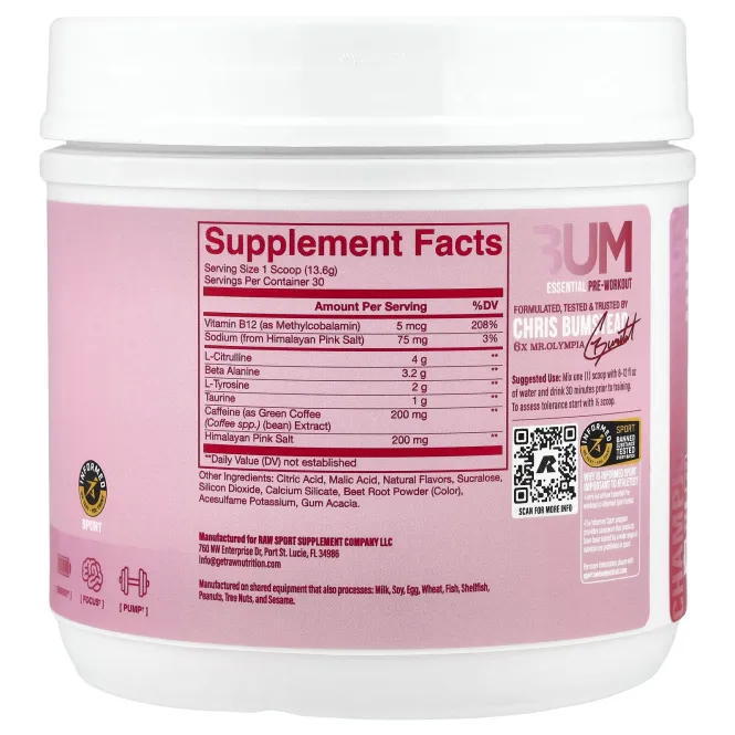 Raw Nutrition, Bum Essentials, предтренировочный комплекс, со вкусом малины и кремовой пасты, 408 г (14,39 унции)