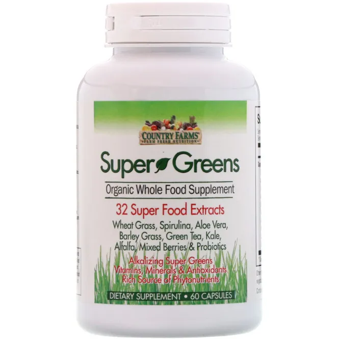 Country Farms, Super Greens, Whole Food Supplement, 60 Vegetable Capsules