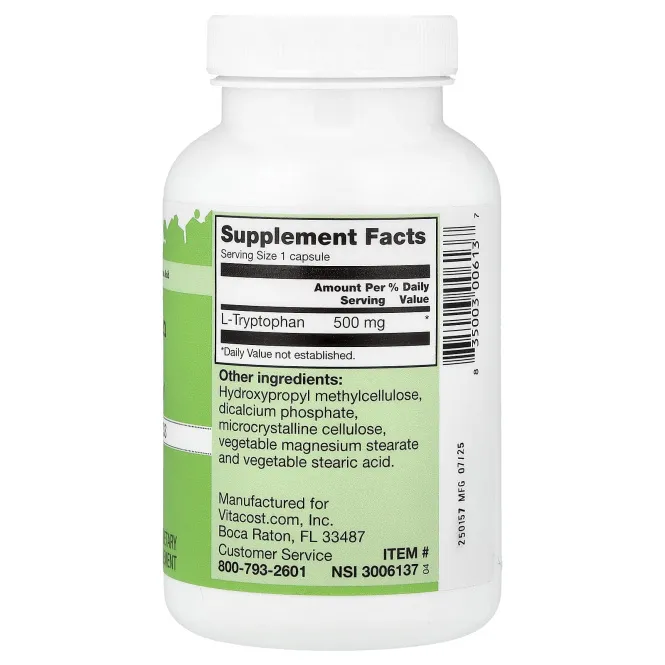 Vitacost, L-Tryptophan, 500 mg, 120 Capsules