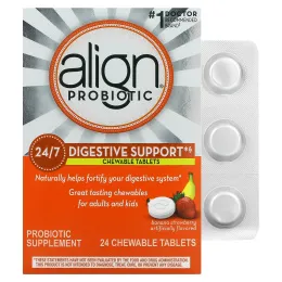 Align Probiotics, Поддержка пищеварения 24/7, пробиотическая добавка, жевательные таблетки, бананово-клубничный смузи, 24 жевательные таблетки