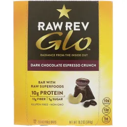 Raw Rev, Glo, Хрустящее лакомство с темным шоколадом и эспрессо, 12 батончиков, 1,6 унц. (46 г) каждый