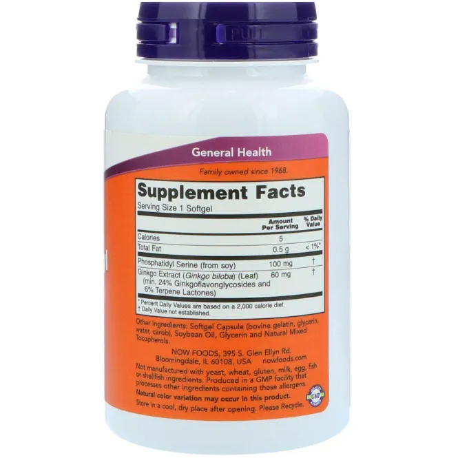 Now Foods, Фосфатидилсерин, 100 мг, 100 мягких капсул