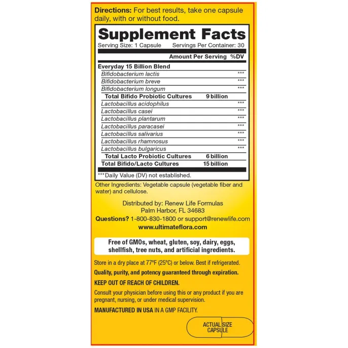 Renew Life, Каждый день, Ultimate Flora Probiotic, 15 млрд живых культур, 30 растительных капсул
