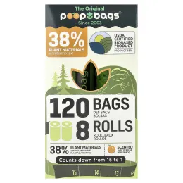 Original Poop Bags, апельсин, 8 рулонов, 15 пакетиков в каждом