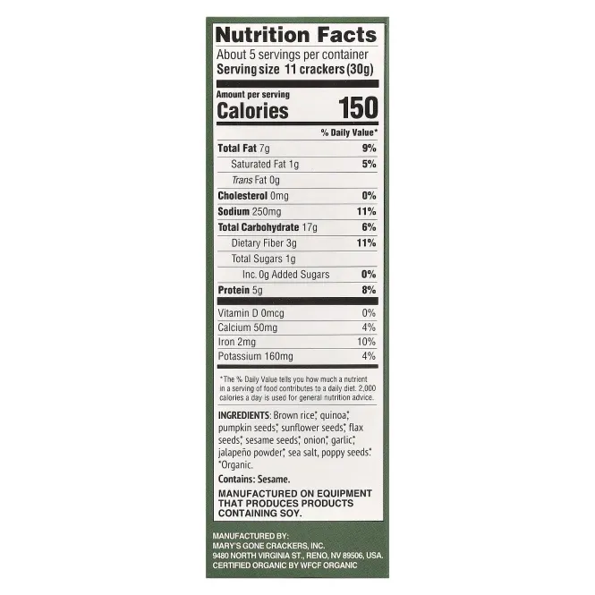 Mary's Gone Crackers, органические крекеры из суперсемена, халапеньо, средний, 156 г (5,5 унции)