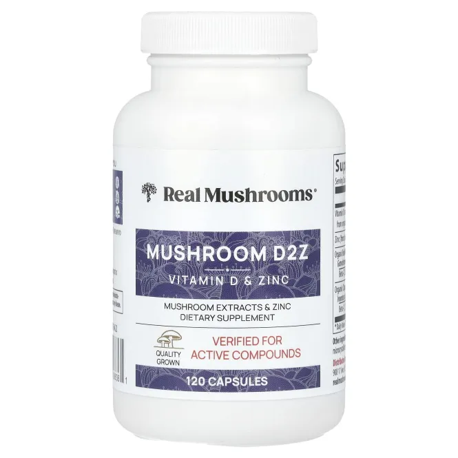 Real Mushrooms, Mushroom D2Z, D2 / бета-глюкан / цинк, 120 капсул